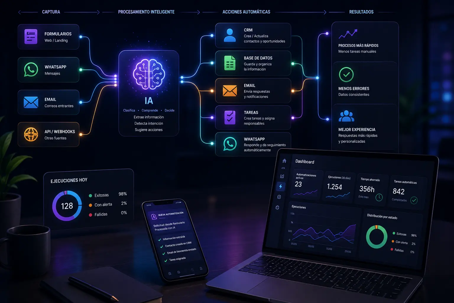 Sistema de automatización con inteligencia artificial conectado a formularios, WhatsApp, CRM, email y bases de datos